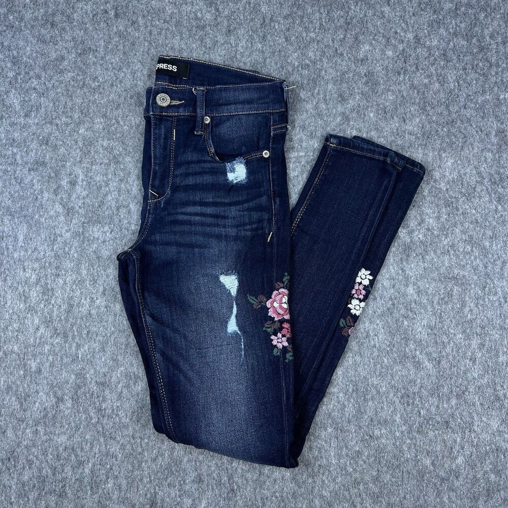 Express Women's Jeans Skinny Fit Embroidered FloralDark Wash Jegging Size 2 Reg